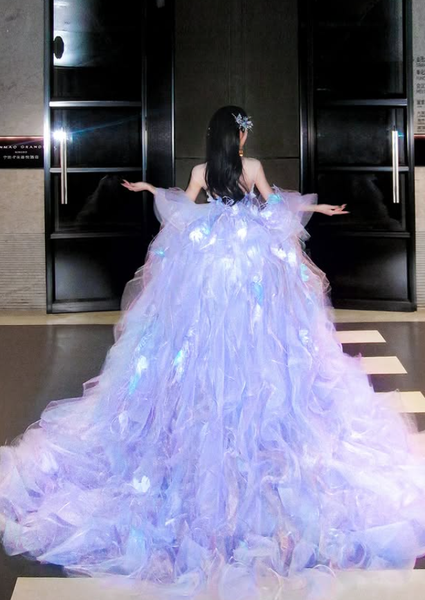 Dreamy Purple Ball Gown V Neck Exquisite Beaded Organza Long Prom Dress SH5032