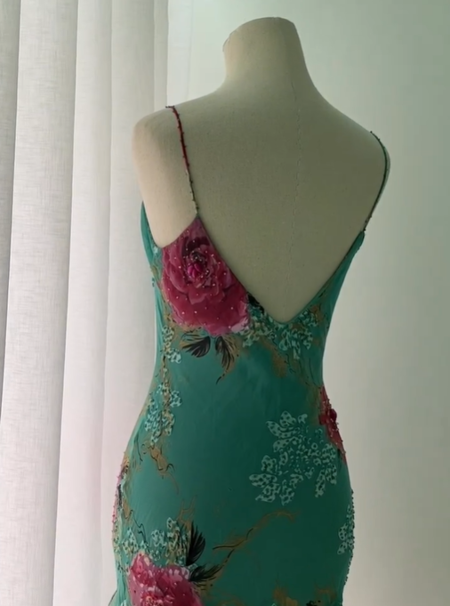 Vintage Mermaid Spaghetti Strap Ruffle Beaded Chiffon Evening Dress Outfits SH2007