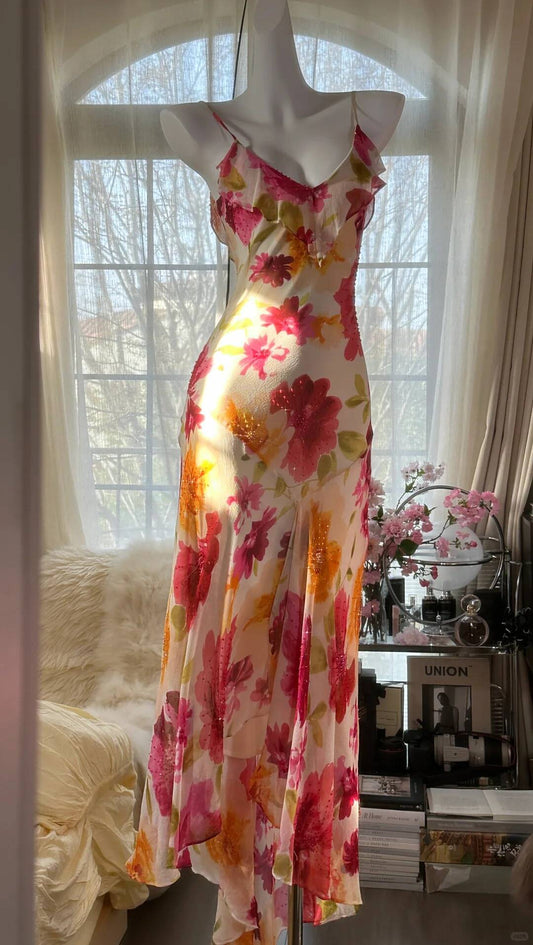 Flowy Mermaid Spaghetti Strap Print Flower Beaded Chiffon Party Dress SH3291
