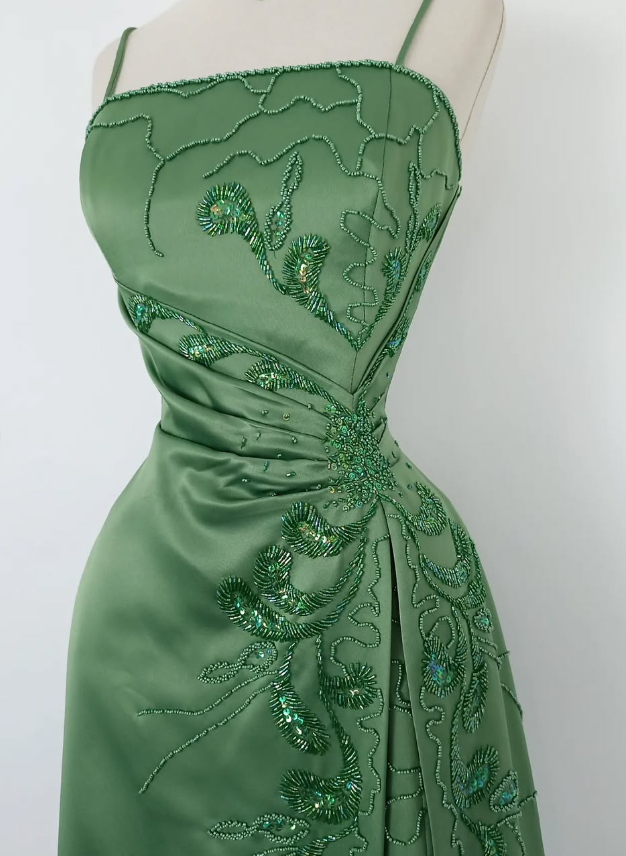 Retro A Line Spaghetti Strap Green Beaded Satin Long Evening Dress Party Dress SH3168
