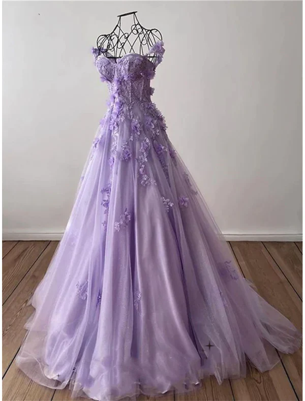 Retro Pink Off Shoulder Tulle Floral Party Dress Tulle Prom Dress Evening Dress SD1747