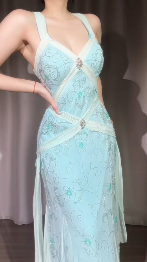 Classy Light Blue V Neck Chiffon Beaded Mermaid Long Party Dress Backless Evening Gown D1910
