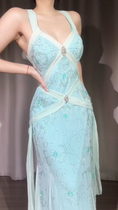 Classy Light Blue V Neck Chiffon Beaded Mermaid Long Party Dress Backless Evening Gown D1910