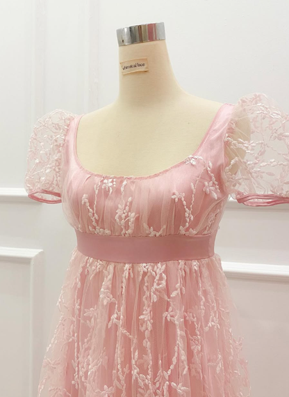 Retro Pink A Line Puff Tulle Long Prom Dress Party Date Dress SH3692