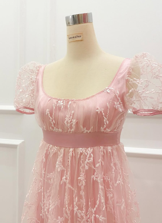 Retro Pink A Line Puff Tulle Long Prom Dress Party Date Dress SH3692