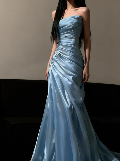 Elegant Blue Mermaid Strapless Layered Satin Long Prom Dress Evening Dress SH5107