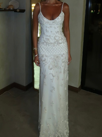 Exquisite A Line Spaghetti Strap Pearl Beaded White Tulle Prom Dress Wedding Guest Dress SH4721