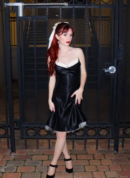 Cute A Line Strapless Black Satin White Tulle Short Cocktail Dresses Homecoming Dresses SH2677