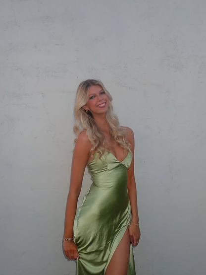 Green Simple A Line Spaghetti Straps Satin Open Back Prom Dress Evening Dress with Slit SH3784