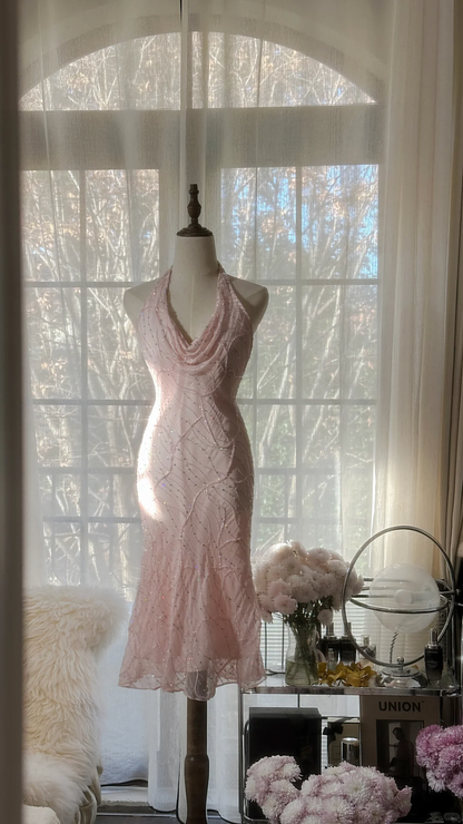 Glitter Pink Halter Sequin Sheath Birthday Outfits Short Mermaid Evening Dress S728