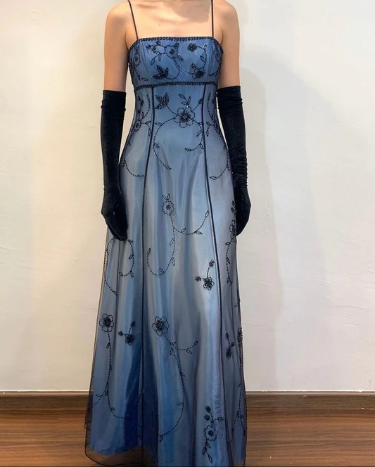 Gorgeous Spaghetti Straps Blue Tulle Beaded Mermaid Eevening Dress Long Birthday Party Gown D1695
