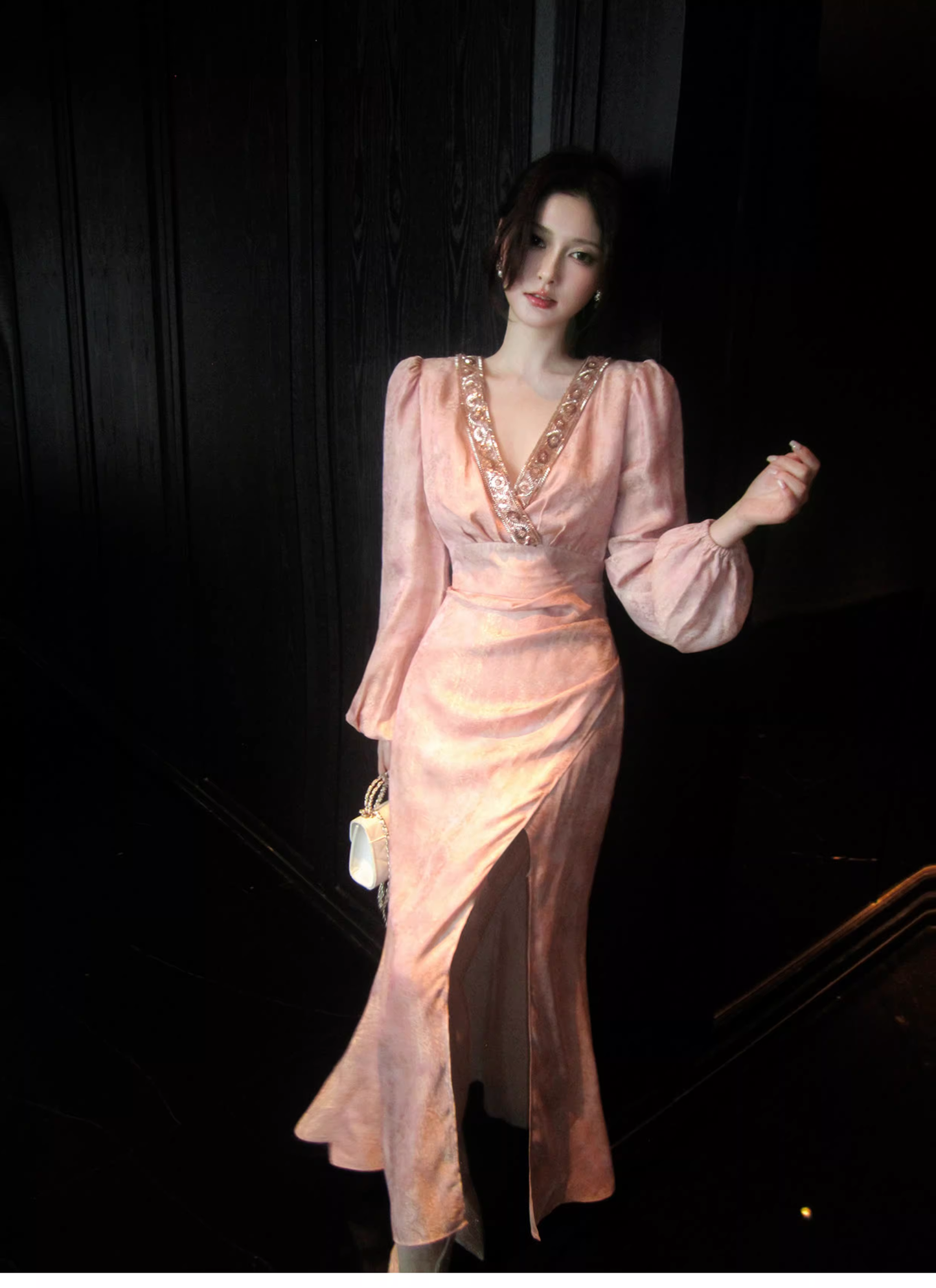 Glamorous V Neck Pink Satin Print Floral Beaded Mermaid Slit Evening Dress Long Birthday Prom Gown SP1542
