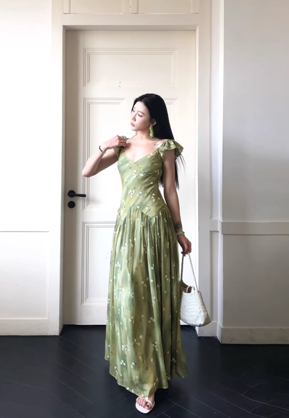 Green Gentle A Line Straps V Neck Print Floral Chiffon Prom Dress Party Dress Outfits SH5060
