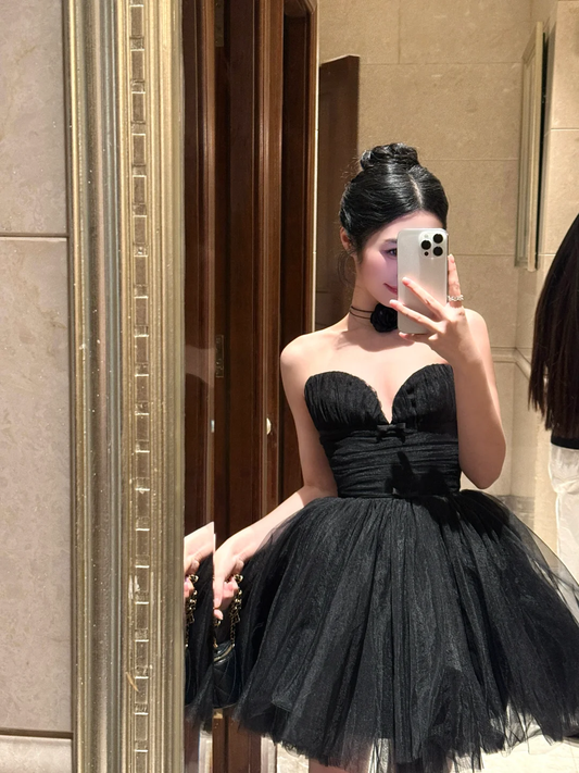Simple Black A Line Sweetheart Neck Tulle Short Birthday Dress Homecoming Dress SH3402