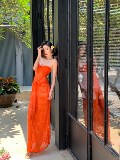 Orange Sheath Sweetheart Neck Sexy Lace Long Prom Dress Vacation Dress SH4313