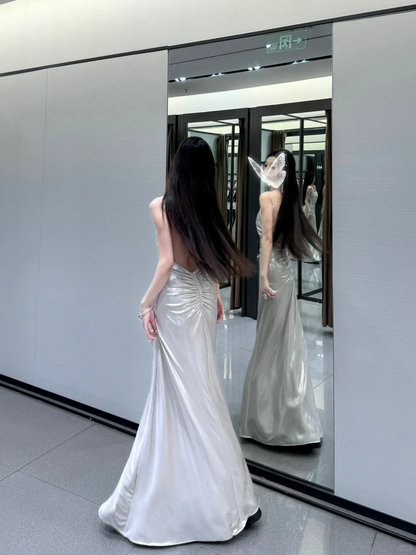 Open Back Silver A Line Spaghetti Straps Simple Satin Long Prom Dress Party Dress SH5020