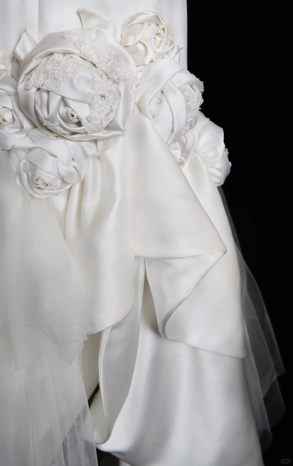 Gentle Mermaid Halter White Floral Satin Tulle Long Wedding Dress SH4530