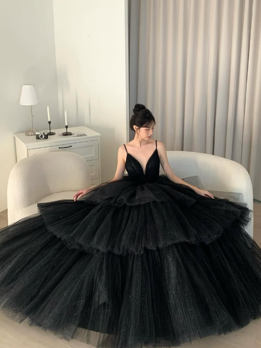 Black Ball Gown Spaghetti Strap Layered Sequin Tulle Prom Dress SH5101