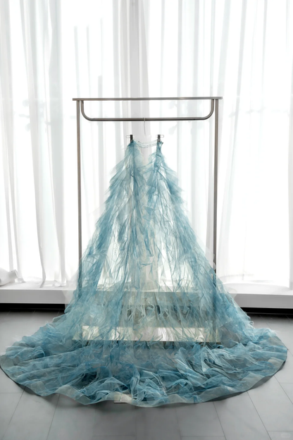 Gorgeous A Line Strapless Beaded Blue Tulle Long Party Dress Evening Dress SH2812