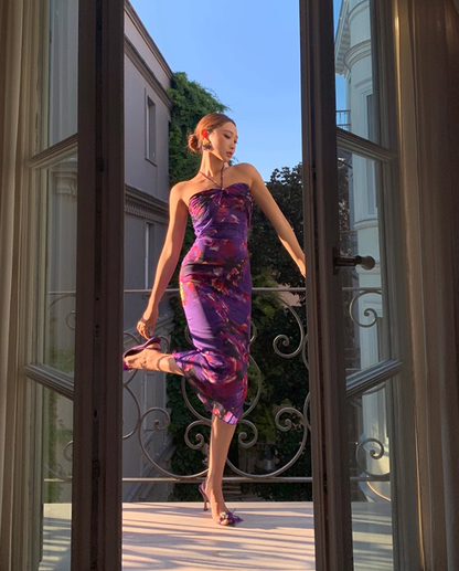 Sexy Purple Print Floral Sheath Halter Chiffon Long Prom Dress Party Dress SH4033