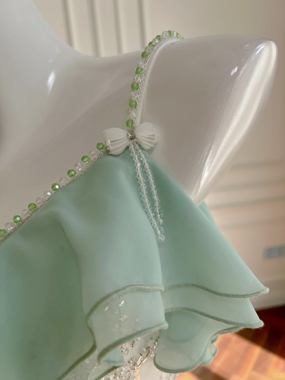Stunning Mermaid Spaghetti Strap Beaded Ruffle Green White Chiffon Prom Dress Evening Dress SH3011