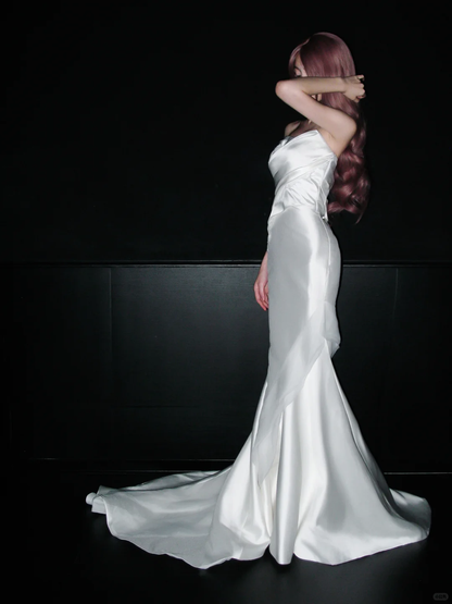 Elegant Mermaid Sweetheart Neck White Lace Satin Long Prom Dress Wedding Dress SH4967