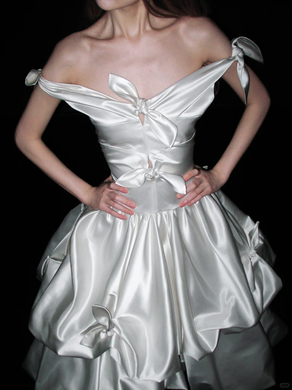 Cute Bow A Line Off the Shoulder Satin Long Prom Dress Party Dress SH4966