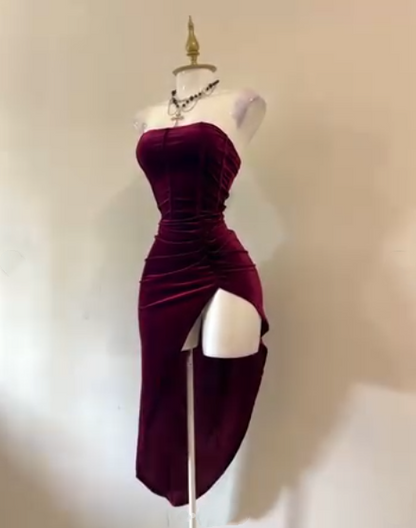 Sexy Strapless Slit Party Dress Burgundy Birthday Dress  S268