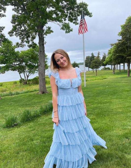 Fairy Sky Blue Sequare Neck Tiered Tulle Evening Dress Long Prom Dress SH1053