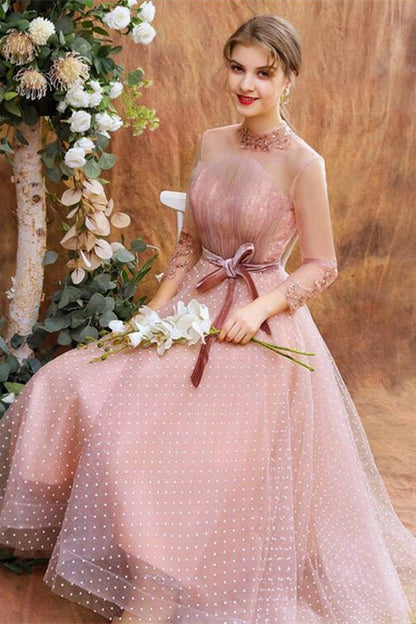Tea Length Pink Polk Dots Party Dress