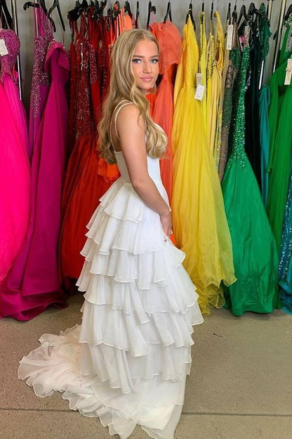 Tiered Chiffon A-Line V-Neck Formal Prom Dress With Slit
