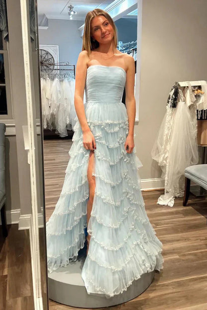 Tiered Tulle A-Line Strapless Empire Party Prom Dress With Slit