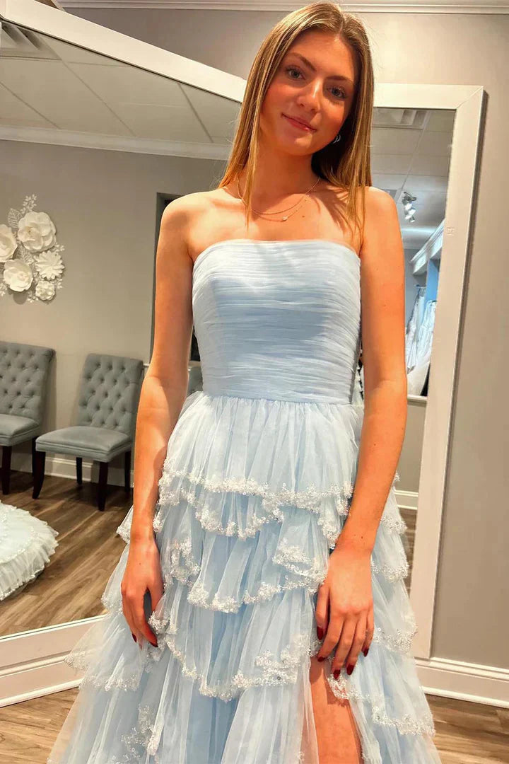 Tiered Tulle A-Line Strapless Empire Party Prom Dress With Slit