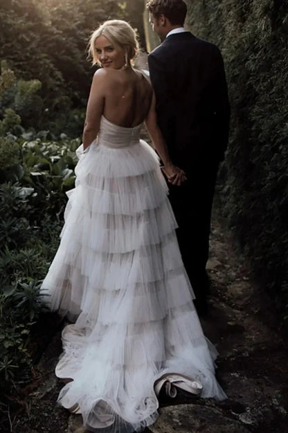 Tiered Tulle A-Line Strapless Empire Wedding Dress