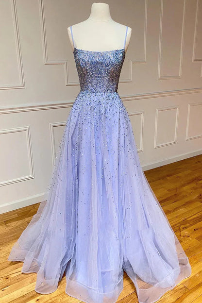 Tulle A-Line Bateau Appliques Lace Up Prom Dress