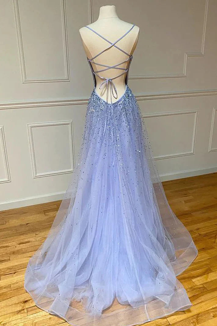 Tulle A-Line Bateau Appliques Lace Up Prom Dress