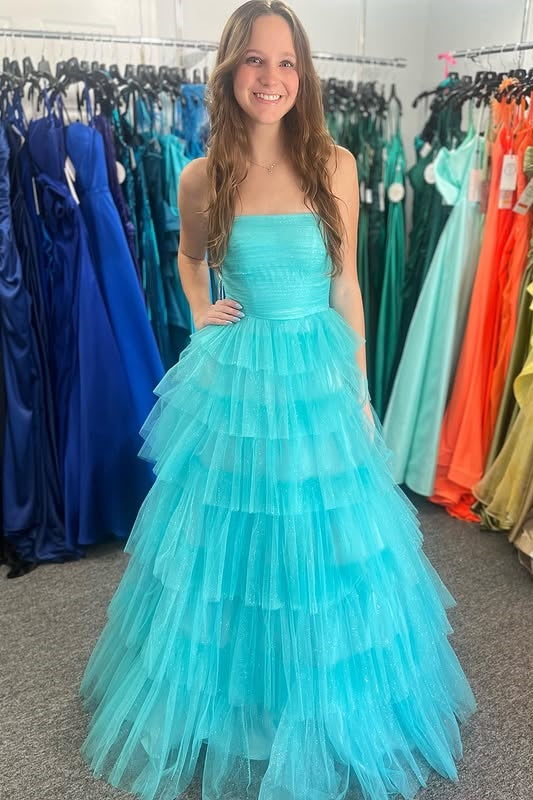 Tulle A-Line Empire Strapless Tiered Party Prom Dress