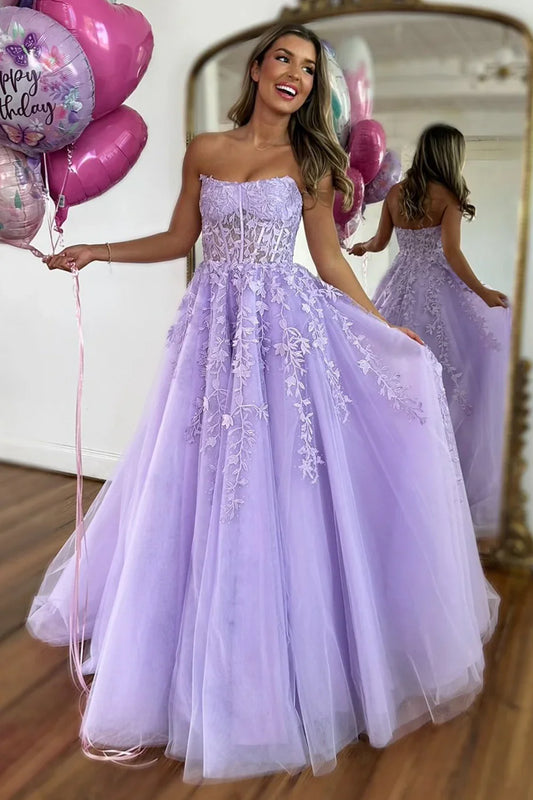 Tulle A-Line Lace Appliques Bateau Strapless Party Prom Dress