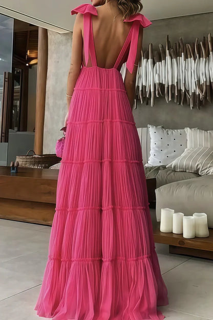 Tulle A-Line Low V-Neck Backless Long Party Prom Dress