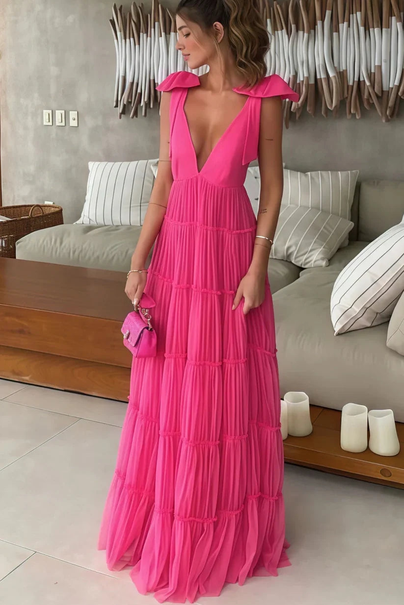 Tulle A-Line Low V-Neck Backless Long Party Prom Dress