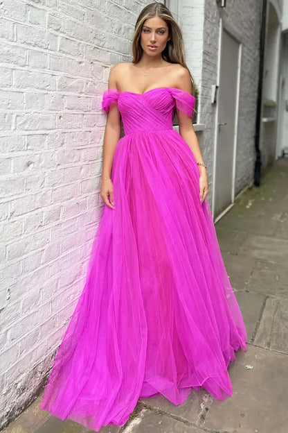 Tulle A-Line Off-Shoulder Empire Long Party Prom Dress