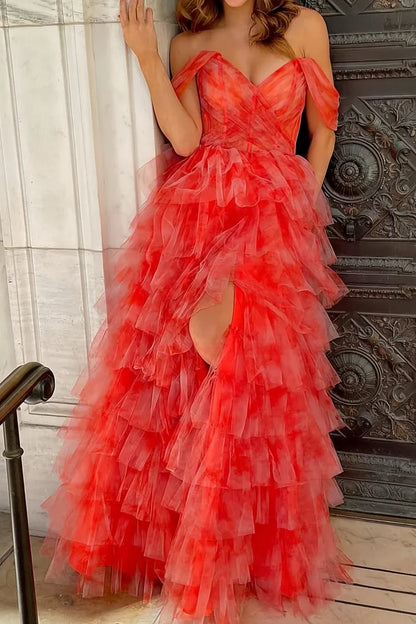 Tulle A-Line Off-Shoulder Empire Tiered Party Prom Dress
