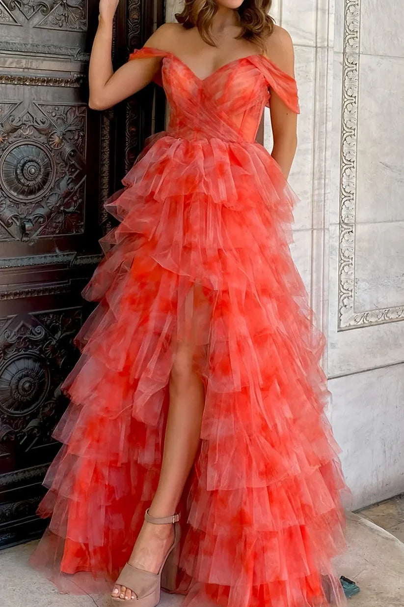 Tulle A-Line Off-Shoulder Empire Tiered Party Prom Dress