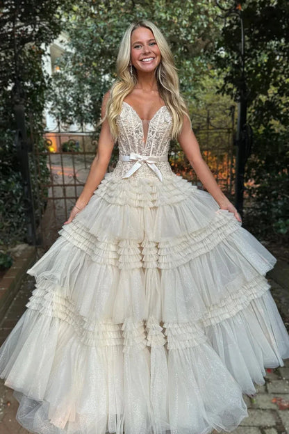Off-Shoulder Empire Tiered Tulle A-Line Party Prom Dress