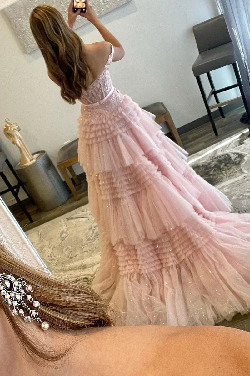 Off-Shoulder Empire Tiered Tulle A-Line Party Prom Dress