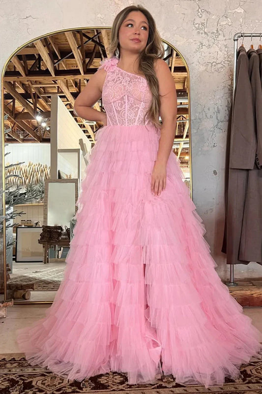 One Shoulder A-Line Empire Tiered Tulle Party Prom Dress