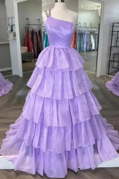 Tulle A-Line One Shoulder Sleeveless Tiered Prom Dress