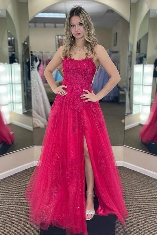 Tulle A-Line Sleeveless Lace Up Appliques Party Prom Dress With Slit