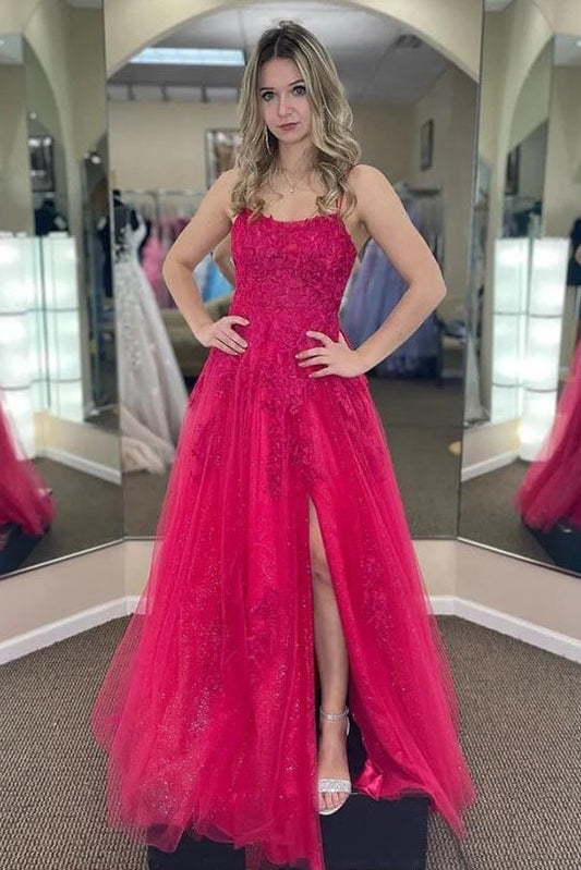 Tulle A-Line Sleeveless Lace Up Appliques Party Prom Dress With Slit