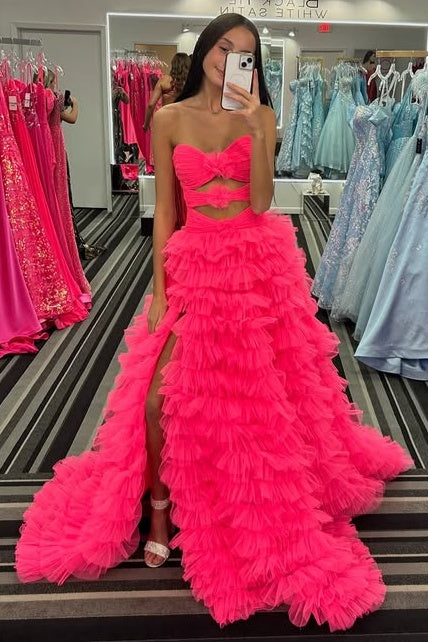 Tulle A-Line Strapless Empire Tiered Party Prom Dress With Slit